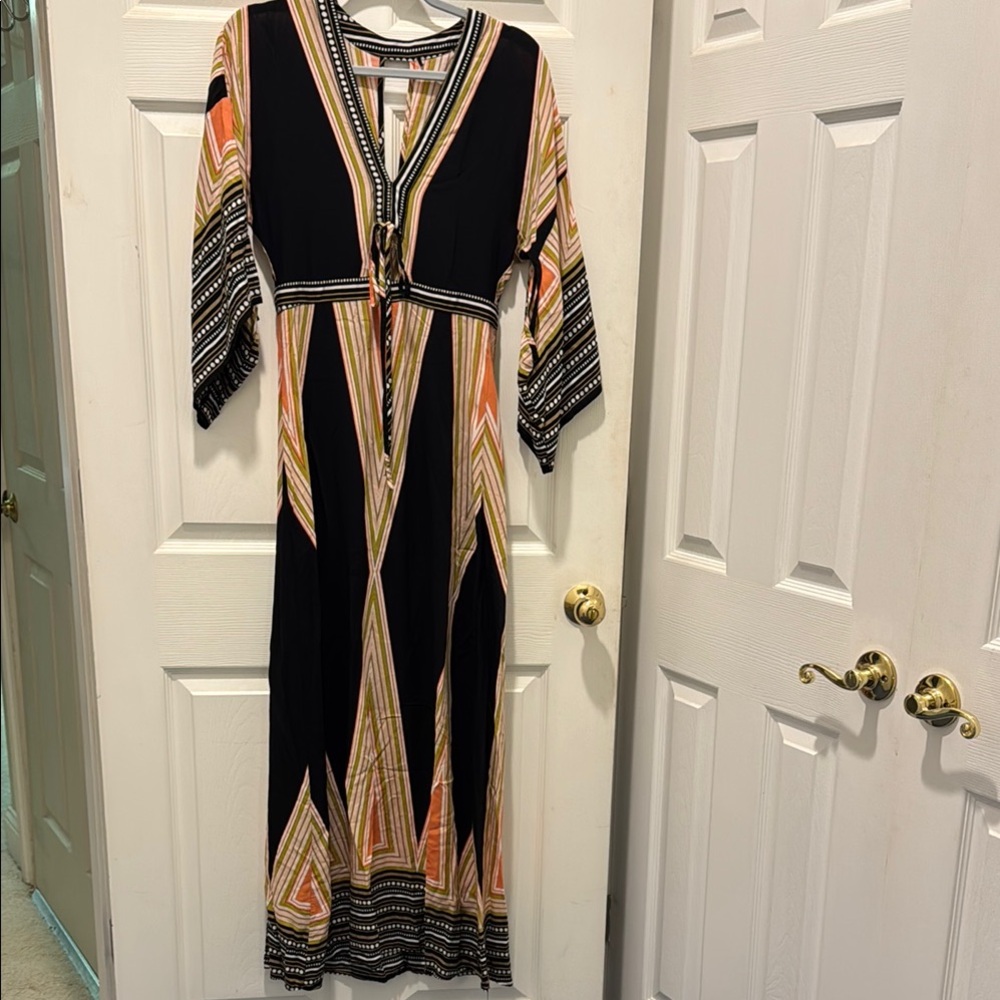 Lulu's Black and Cream‎ Flutter Sleeve Boho Maxi Dress - Picture 2 of 7
